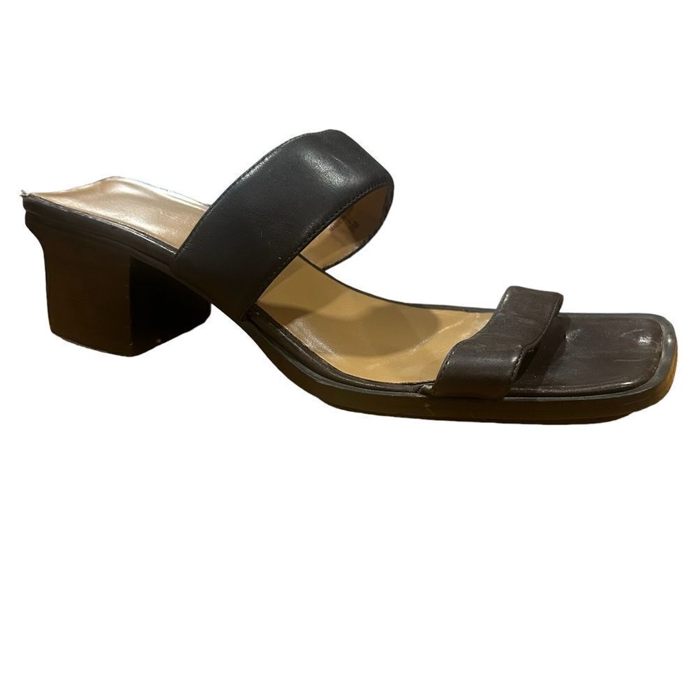 Nine West Vintage Dark Brown Leather Square Toe Block Heel Double Strap Sandal